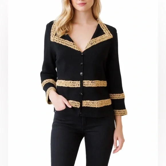 Vintage Black & gold crochet cardigan sweater 3/4 sleeves metallic unique button - Picture 1 of 9